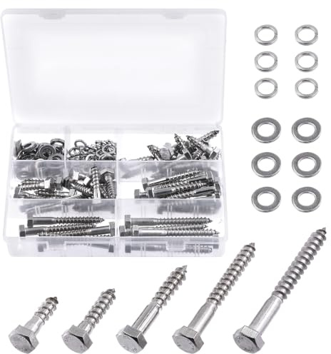 Swpeet 150PCS M8x30/35/50/65/75mm 304 Edelstahl Hex Lag Bolzen Schrauben und flache Unterlegscheiben mit Lock Unterlegscheiben Assortiment Kit, M6 M8 Hexagon Kopf Holz Schrauben Lag Bolzen