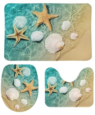 Snner 3pcs Bathroom Rug Set Starfish Seashell Beach Contour Mat Toilet Lid Cover Non-Slip Bath Mat