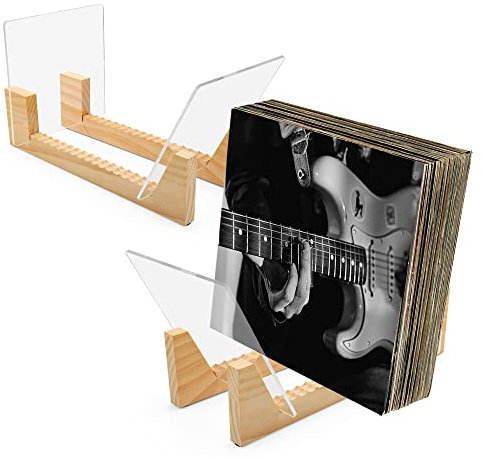 AZKEEGREY 2 Pack Clear Vinyl Record Storage Holder, Wooden Base Vinyl holder Stand Display for Desktop Album Storage LP CD, DVD
