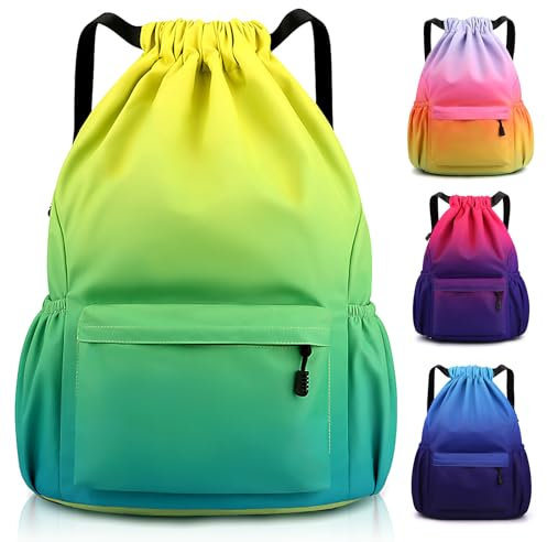 Sarsumir Mochila Cuerdas para Mujer Hombre, Impermeable Bolsa de Cuerdas Gran Capacidad Mochila Deportiva para Compras Yoga Deporte Viajes, Amarillo Verde