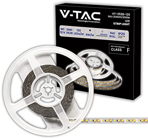 V-TAC Striscia Led da Interno 8W SMD 3528-5 Metri - Striscia LED Adesiva per Casa, Cucina, Camera, Ambienti Interni - Luce Bianca Calda 3000K - Strisce LED Luminosità 800 Lumen - Alimentata 12V