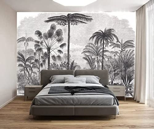 Papier Peint Panoramique Noir Et Blanc Cocotier De La Jungle Papier Peint Intissé 3D Tapisserie Poster Decoration Murale Chambre Salon