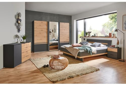 Schlafzimmer Komplett Set mit Bett 180x200, 3-türiger Schwebetürenschrank, 2 Nachttische, Kommode in Graphit mit Artisan Eiche Nb.