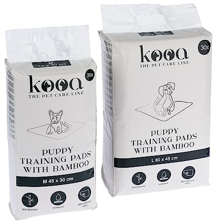kooa - Trainingsunterlage für Hundewelpen | mit Bambus | Saugstark, geruchsneutral, schnell trocknende Materialien | Eckaufkleber zum Fixieren | 30 Stück (L - 60 x 45 cm)