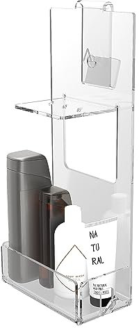 AGPLEX Porta Shampoo Doccia da Appendere in vetro acrilico plexig. cm 24x20xh45, mensola doccia con porta asciugamani, organizer Bagno (Con Mensolina, Spessore da 16 a 25mm) - Made in Italy