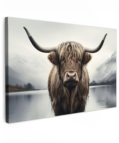 MuchoWow© Bilder Groß 120x80 cm XXL Wohnzimmer Deko Modern Wandbild Foto auf Leinwand Bild Schlafzimmer Room Decor Geschenke Schottische Hochlandrind - Kuh - Highland Cow - Wasser - Nass