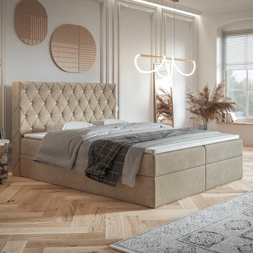 MOTIVENA Malta Boxspringbett 160x200 mit Bettkasten und Topper, Polsterbett 160x200 mit Bettkasten, Bonell-Matratze (H4), T28 Schaumstoff Topper (H3), mit Strass, Samt, Beige