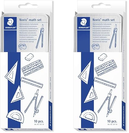 STAEDTLER 557 10 Noris Mathematik-Set mit Aufbewahrungsdose - inkl. Kompass, Lineal, Winkelmesser und Geodreieck - 2 Stück