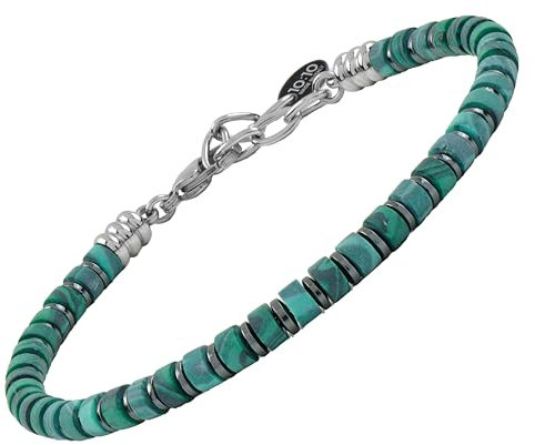 10:10 Bracciale Uomo Pietre Dure Naturali 4 mm Rondelle Ematite Acciaio, Regolabile, Made In Italy (Malachite)