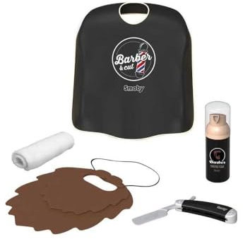 Smoby Barber & Cut – Erster Bart – Spielzeug für Barbier – 5 Zubehörteile – Bart, Umhang aus Stoff, Haarschneider, Flasche mit künstlichem Rasierschaum und Handtuch – ab 3 Jahren