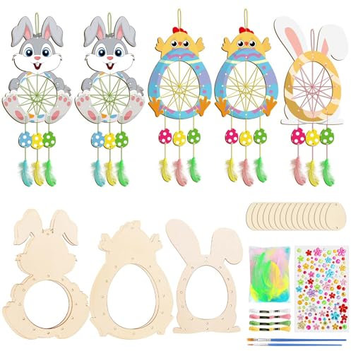 WEDNOK 5 Stück Ostern Traumfänger Bastelset Hasen Küken Holz Basteln Kinder Osterhasen Kunsthandwerk Osterküken Kreativsets zum Bemalen DIY Osterbasteln Geschenke für Mädchen Junge Frühling Ostern