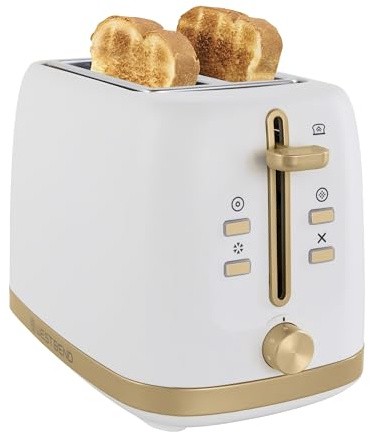 West Bend Timeless 2-Slice Toaster with 7 Browning Levels, Bagel/Waffle/Defrost Settings, High-Lift Lever, Anti-Jam, Easy-Clean Crumb Tray, 2-Slice, White/Gold