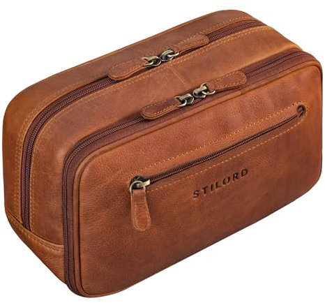 STILORD 'Voyager' Vintage Trousse de Toilette Cuir Homme Femme Grande Sac de Toilette Cuir véritable Pochette Cosmétique pour Voyage Maquillage Cosmétique, Couleur:Kara - Cognac