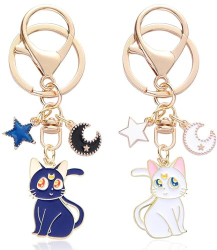 Simsky 2 Stück Sailor Moon Schlüsselanhänger, Cartoon Niedlich Magie Katze Schlüsselanhänger, Sailor Moon Anime Figur Souvenir Schlüsselringe für Tasche Handy Auto Teenager Mädchen Katzenliebhaber