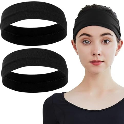 Landrain 2 Stück Elastische Haarband Schwarz Breit, rutschfeste Schweiß Haarbänder Damen, Weiche Stoff Hair Band