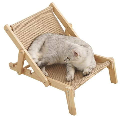 Silla elevada para gatos, silla de playa rascadora de sisal, hamaca para gatos, silla de descanso ajustable de sisal para gatos, silla de descanso de madera para gatos, sofá ajustable para gatos de