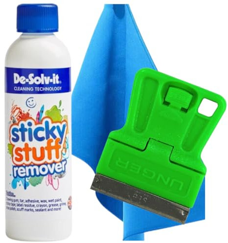 Sticky Stuff Remover UK Adhesive Remover Label residue Glue Remover with Handy Scraper and Microfiber Cloth, Full Sticky Stuff Remover Kit for 250ml