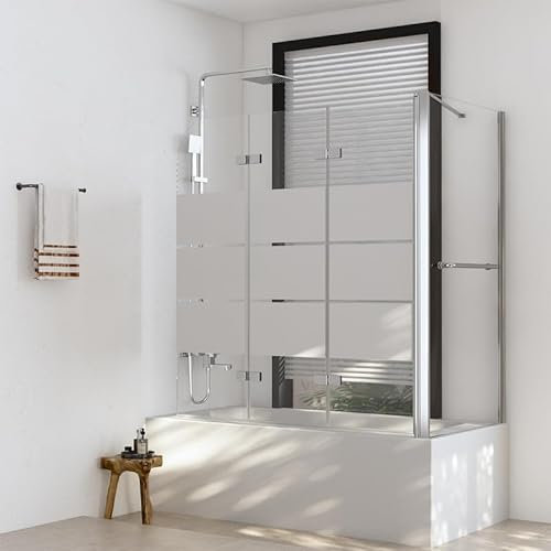 Duschwand für Badewanne mit Seitenwand 75x120x140cm Faltbar 3-teilig Duschabtrennung, Gestreift Glas Badewannenaufsatz Duschtrennwand aus 6mm Sicherheitsglas, Duschtrennwand mit Handtuchhalter