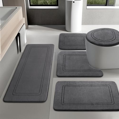 chakme Badezimmerteppich Set 5 Teilig, Weiche Memory-Schaum Badematte und U Förmige wc Vorleger, Badteppich rutschfest Waschbar Badvorleger Set Dunkelgrau