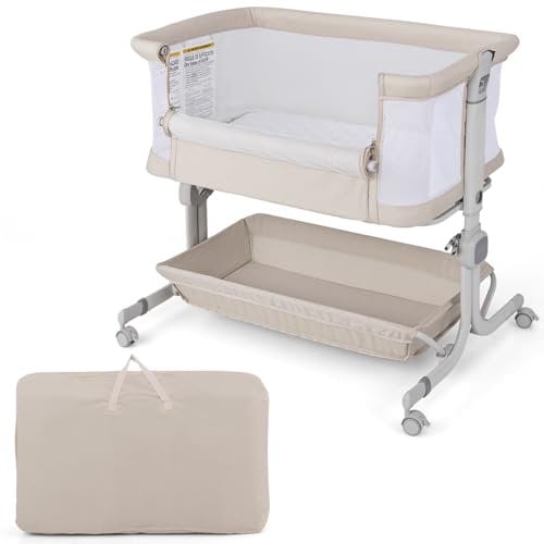 COSTWAY 3 in 1 Beistellbett, Reisebett Baby mit Matratze, Babybett 6 Fach höhenverstellbar mit Aufbewahrungskorb & Tragetasche, tragbarer Stubenwagen mit Rollen für Baby bis 6 Monaten (Beige)