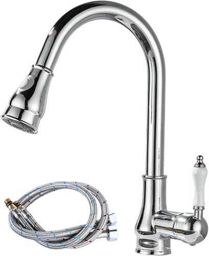 Vintage Kitchen Sink Faucet with Pull Out Spray, 360° Swivel Spout, Chrome Finish, Brass with Ceramic Components