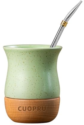 Cuopru Yerba Mate Keramiktasse mit originalem Holzsockel, 237 ml, inklusive Mate-Kürbis, Bombilla-Strohhalm und Reinigungsbürste, perfekt für traditionellen Yerba Mate und modernen Trinkbecher (grün)