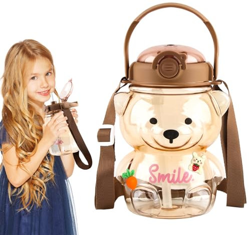 FairyPeach Botella de Paja de Oso Kawaii, Botella de Agua de Oso, Botella Agua con Pajita con Correas y Pegatinas, 1000 Ml, Ideal para Actividades Al Aire Libre y La Escuela (Marrón)