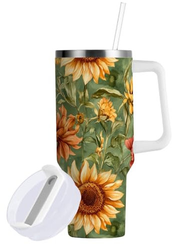 linqin Sunflowers Green - Vaso aislado al vacío con tapa y popote, botella de agua de 887 ml con correa, reutilizable, taza de campamento para la escuela, guardería, campamento