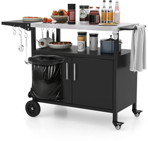 GIANTEX Grillwagen Servierwagen Outdoor, Grilltisch mit Edelstahl-Arbeitsplatte & klappbarem Seitentisch, Küchenwagen auf Rädern, Grill Beistelltisch mit Müllsackhalter, BBQ Grillwagen mit Griff