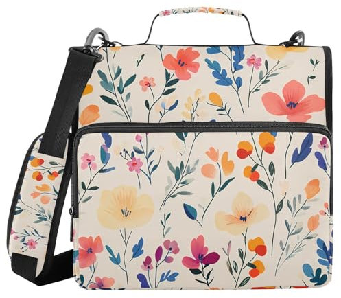 Summer Small Flowers Beige 3 Rings Zip Up Binder with Handle and Removable Shoulder Strap Includes Zip Pocket School Binders Organizer for School and Office