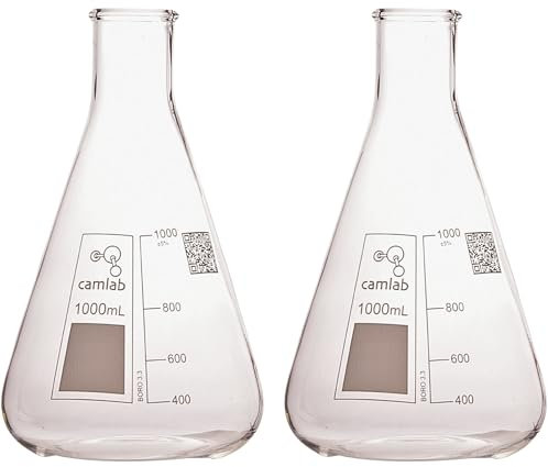 Camlab Graduated 3,3 Borosilicate Glass Erlenmeyer Flask, With Narrow Mouth, Conical Flask, Chemically Resistant and Heat Resistant, 1000ml Glass Beaker, Pack of 2