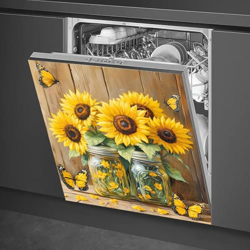 HOMETITUTE Sunflower Butterfly Magnetic Dishwasher Cover 23x26 Inch Rustic Mason Jar Panel Wrap for Kitchen Fridge Door Appliance Country Cottage Floral Decorative Magnet Art