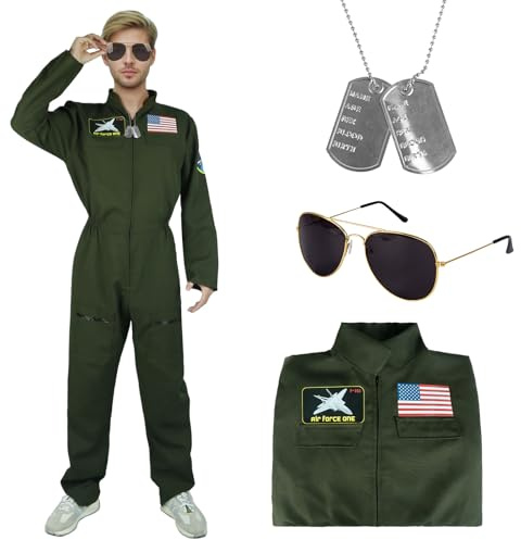 Kitimi Men Pilot Costume Aviator Fancy Dress, 3PCS Air Force Flight Outfit with Sunglasses Accessories, Adult Fighter Costume Flight Suit for Halloween Carnaval Party Cosplay