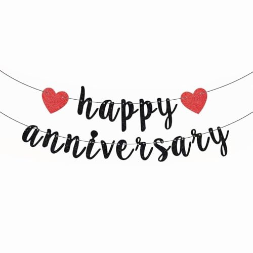 Happy Anniversary Banner Dekorationen, Glitzer Schwarz Jahrestag Wimpelkette Rot Liebe Herz Romantische Hängeschild Dekorationen für Hochzeit Party Decke Tür Fenster Tisch Indoor Outdoor Supplies