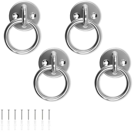 Shwdsy 4 Piezas Argollas de Acero, Placa Ocular de Acero Inoxidable, Orificio de 5 mm Placa de Ojo, Base Redonda, con Tornillos y Tubo Difusor, Apto para Columnas de Madera, Paredes Macizas