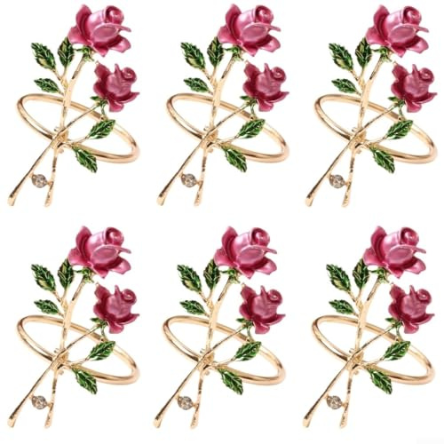 Set mit 6 Serviettenringen mit Rosen-Blumen-Design für Hochzeitstisch-Gedecke, Legierung, Serviettenhalter, geeignet für Ess- und Event-Dekoration