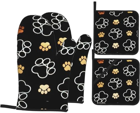 Dog Paw Prints Heat Resistant Oven Mitts And Pot Holders Sets Of 4 Non Slip Lanyard Cooking Baking Bbq