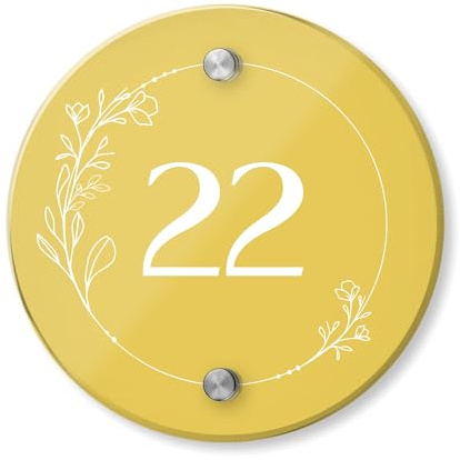 Personalised Acrylic House Sign with Floral Border Design | 150mm Round Address Plaque | Custom Printed Door Number | Weatherproof Outdoor Home Name Plate (Mustard Yellow)