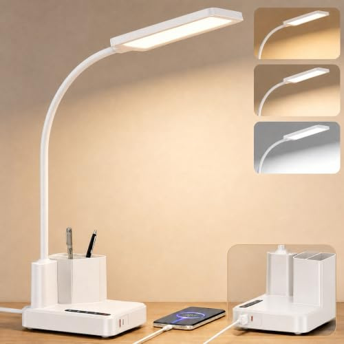 15W LED Schreibtischlampe, Touchdimmbar mit USB-C, 3 Farbtemperaturen | 360° Schwanenhals, 9 Beleuchtungsmodi, 60 Min. Timer, Stifthalter, Augenschonend, fürs Büro, Lesen, Malen, Studenten