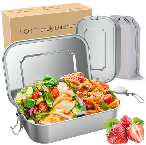 Brotdose Edelstahl mit Fächern, 1200 ml Lunchbox Auslaufsichere Bento Box | Brotzeitbox, Herausnehmbares Trennfach, Lebensmittelecht, Leicht zu Reinigen, Robuster Behälter mit 2 Jahre Garantie