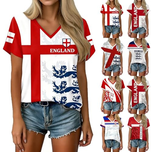 2026 England Football Shirt Women's Short Sleeve Graphic V-Neck Top T-Shirt Graphic England T Shirts Sports Tops Britain Football Tee Gift for Supporters Ladies Soccer Tops Training Tshirt Top
