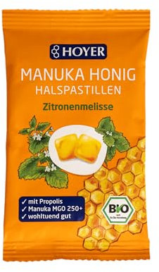 HOYER Manuka Honig Halspastillen Bio mit Propolis & Zitronenmelisse - Mit echtem Manukahonig, MGO 150+ - Wohltuend für Hals & Rachen - 30 g