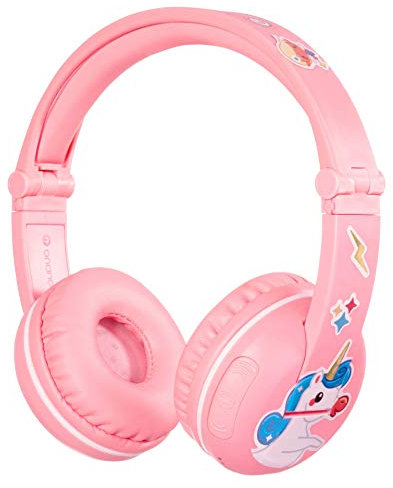 BuddyPhones PLAY, Wireless Bluetooth Volume-Limiting Kids Headphones, 14-Hour Battery Life, 4 Volume Settings of 75, 85, 94db and StudyMode, Includes Backup Cable for Sharing, Pink