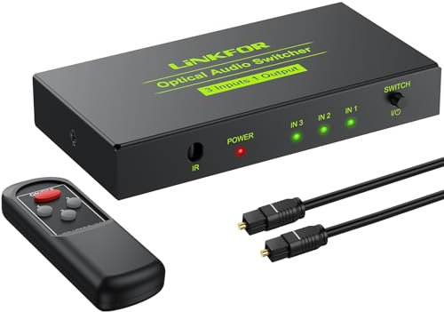 Conmutador Audio Digital 3 Entradas 1 Salida Switch Óptico Toslink Comutador SPDIF con Mando Soporte LPCM2.0 DTS Dolby-AC3 para PS3 VHS Blue-Ray DVD HDTV Barra de Sonido Amplificadores