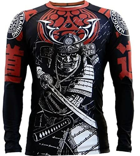 Hardcore Training Budo Red Men's Rash Guard Compression Shirt Long Sleeve MMA No-Gi Tight BJJ Grappling Base Layer Fitness