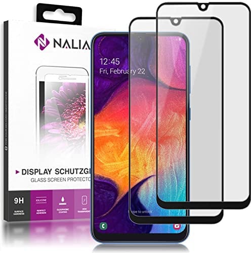 NALIA (2 Pièces Verre Trempé compatible avec Samsung Galaxy A50, 9H HD Protection d'Écran LCD Full-Cover Film Protège Telephone Portable, Clair Screen-Protector Remplacement Vitre - Transparent Noir