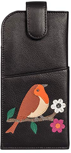 Mala Leather Robin Bird Glasses Case Soft Leather, Cute Robin Appliqué, Magnetic Tab Closure, Handy Slip Pocket, Gift-Ready Dustbag Included (Black)