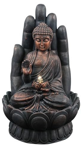 GEEZY Garden Water Feature – Open Palm Buddha Fountain with LED Lights – Mains Powered, Self-Contained, Indoor & Outdoor – Easy Setup & Cascading – Great for Garden, Home, Patio & Balcony Decor