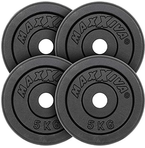 MAXXIVA Hantelscheiben 4er Set Gewichtsplatte je 5 kg Gusseisen schwarz 20 kg Fitness Krafttraining Bodybuilding Workout Gewichtheben Reha