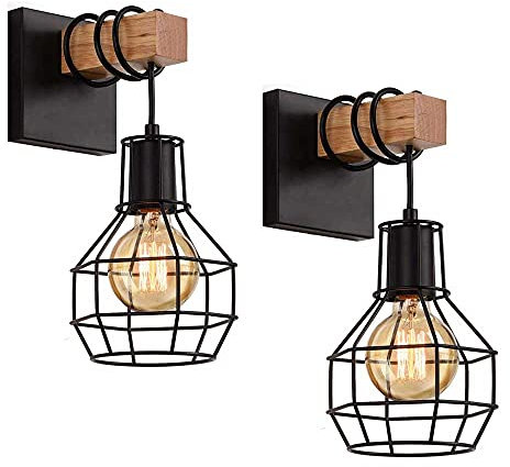 ALETO 2X E27 Vintage Wall Light Wooden Wall Lamp Industrial Black Diamond Cage Wall Sconces Indoor Lighting